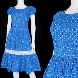 Vintage 50s Claire Evans Cotton Floral Blue Dress Prairie Cottagecore Small
